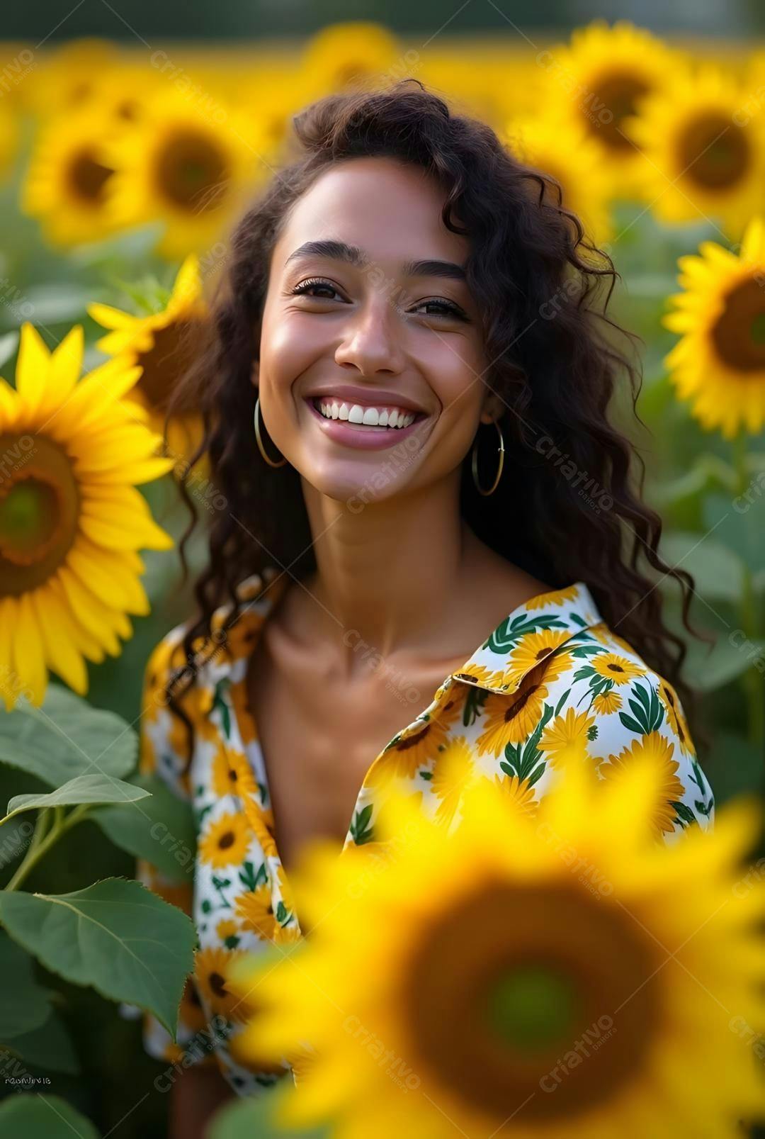 Mulher sorrindo em campo de girassóis