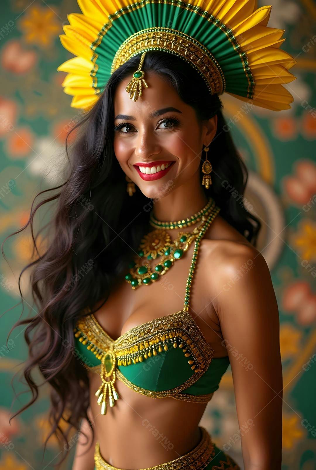 Modelo com traje verde e dourado sorrindo