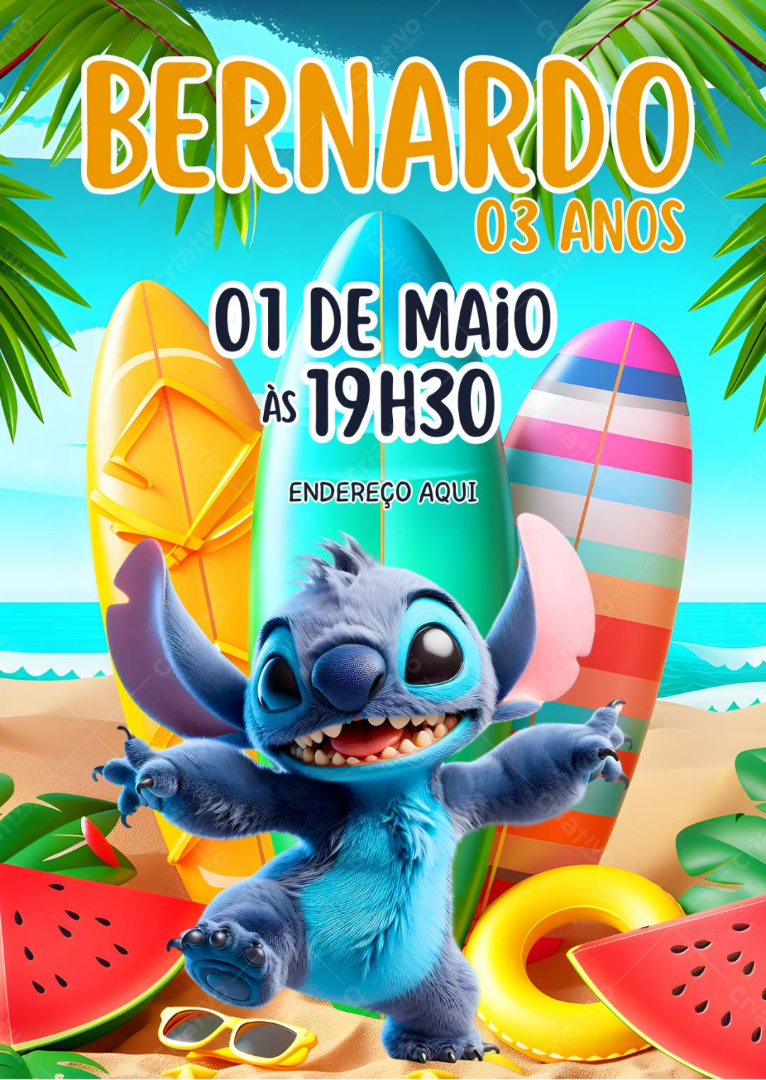 Convite de aniversário infantil tema Stitch praia Editável no Canva