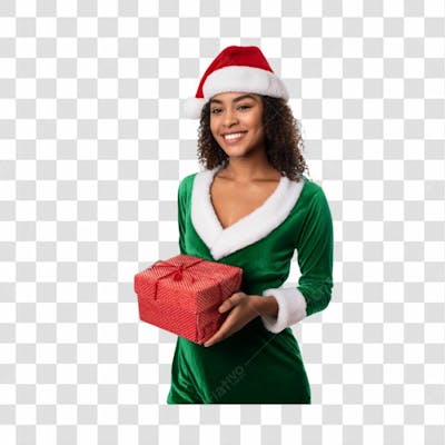 Mamãe Noel Roupa Verde Feliz Com Presente Png