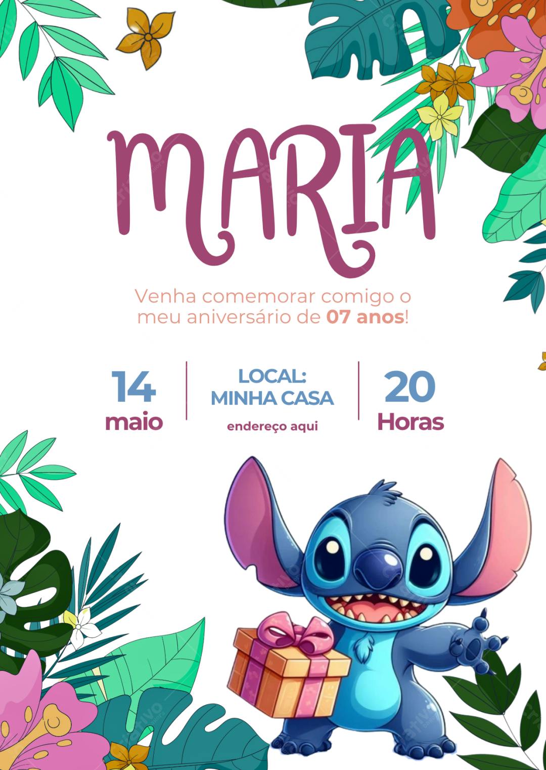 Convite de Aniversário Infantil Stitch Tropical Editável no Canva