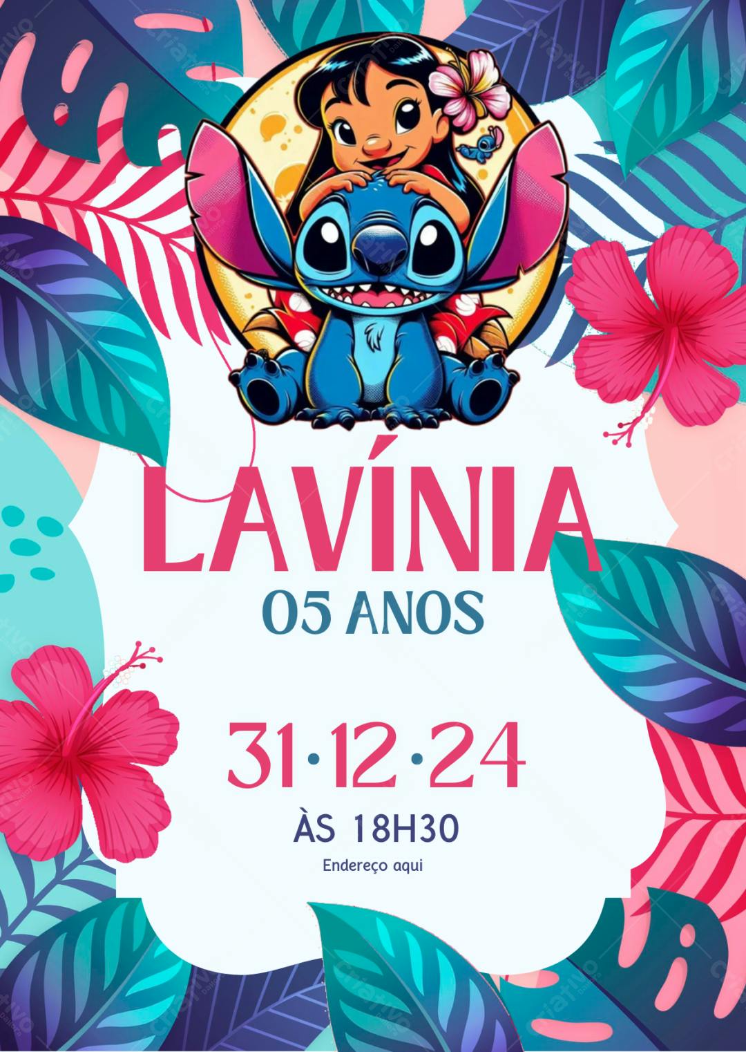 Convite de Aniversário Infantil Lilo e Stitch Havaiano Editável no Canva