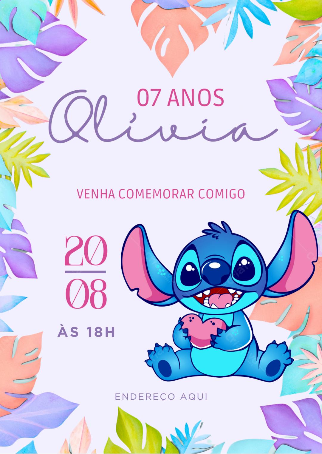 Convite de Aniversário Infantil Stitch com Folhas Tropicais Editável no Canva