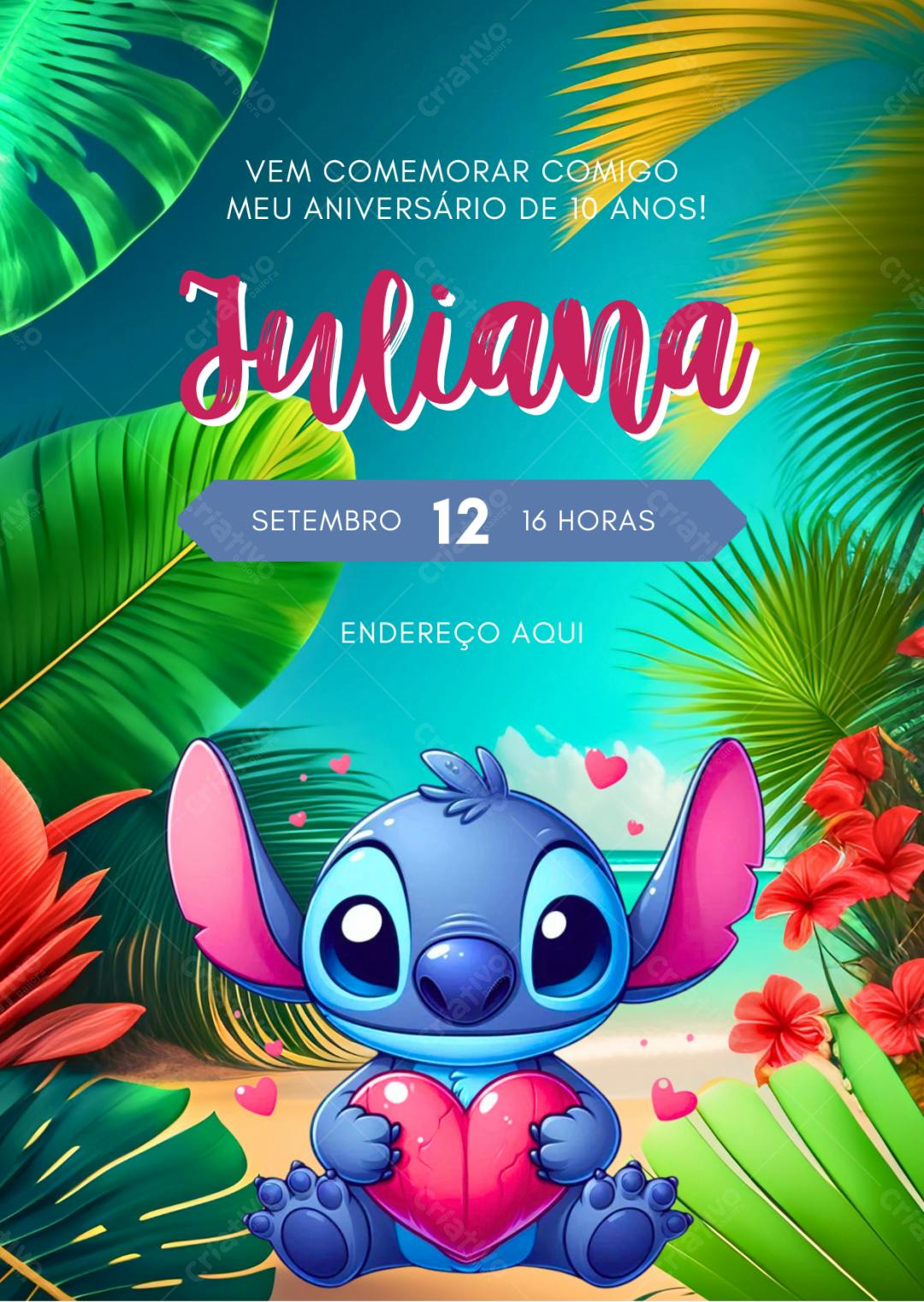 Convite de Aniversário Infantil Stitch Havaiano Editável no Canva