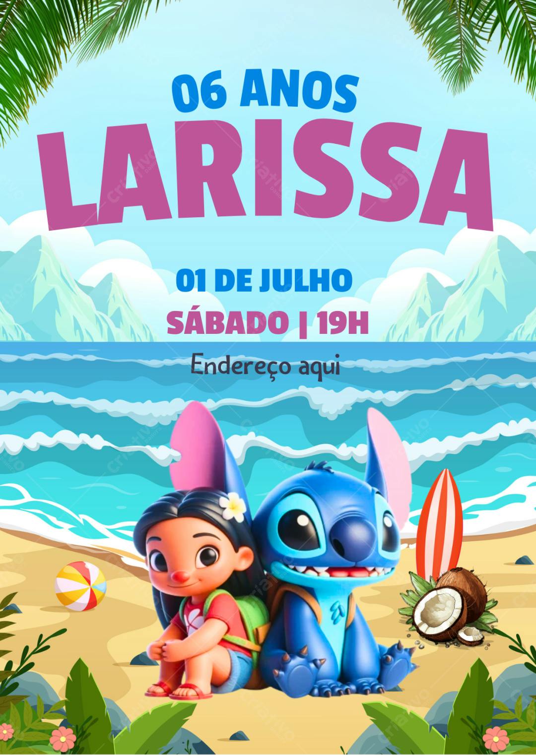Convite Aniversário Infantil Lilo e Stitch Praia Editável no Canva