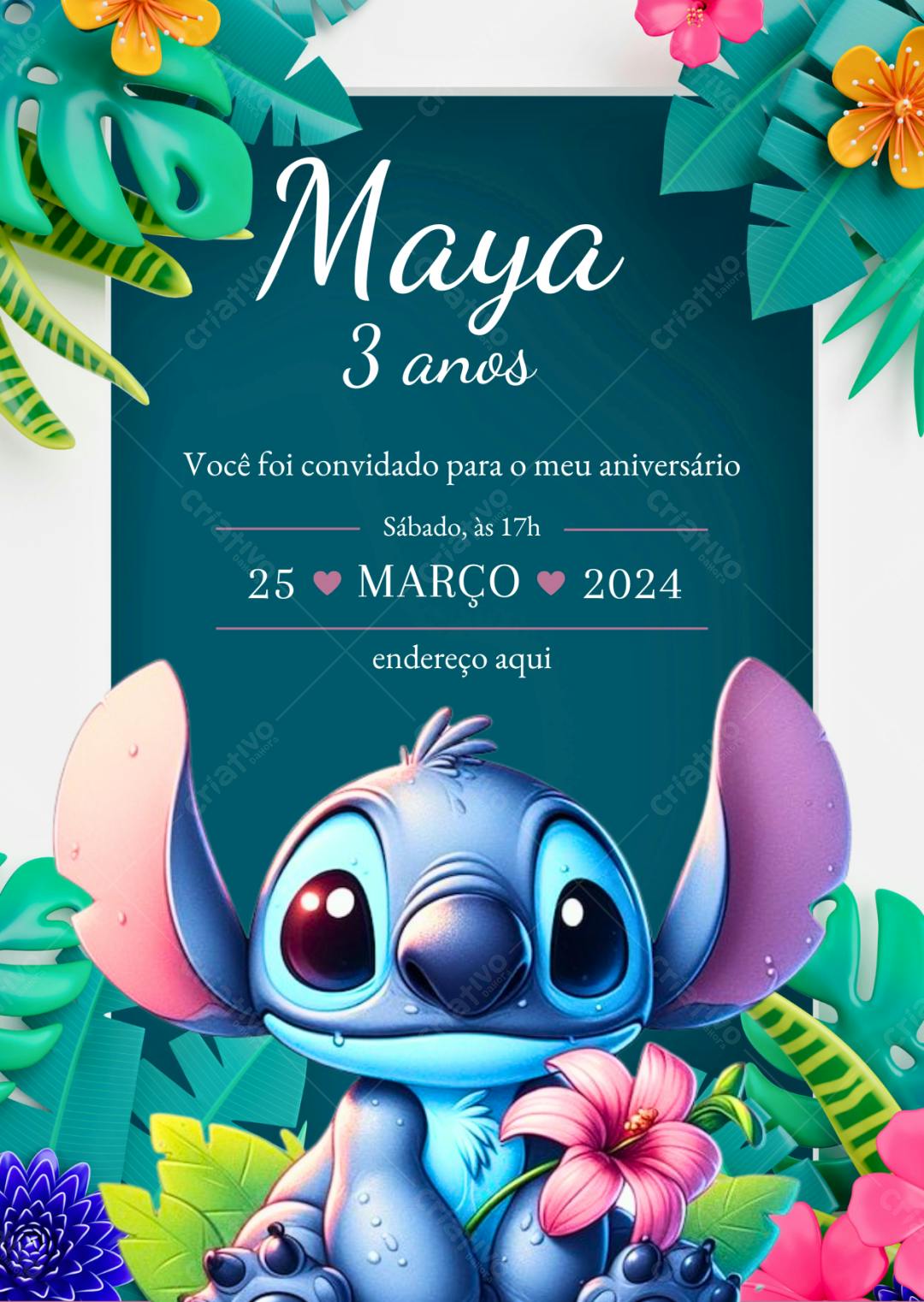 Convite de aniversário infantil Stitch tropical Editável no Canva