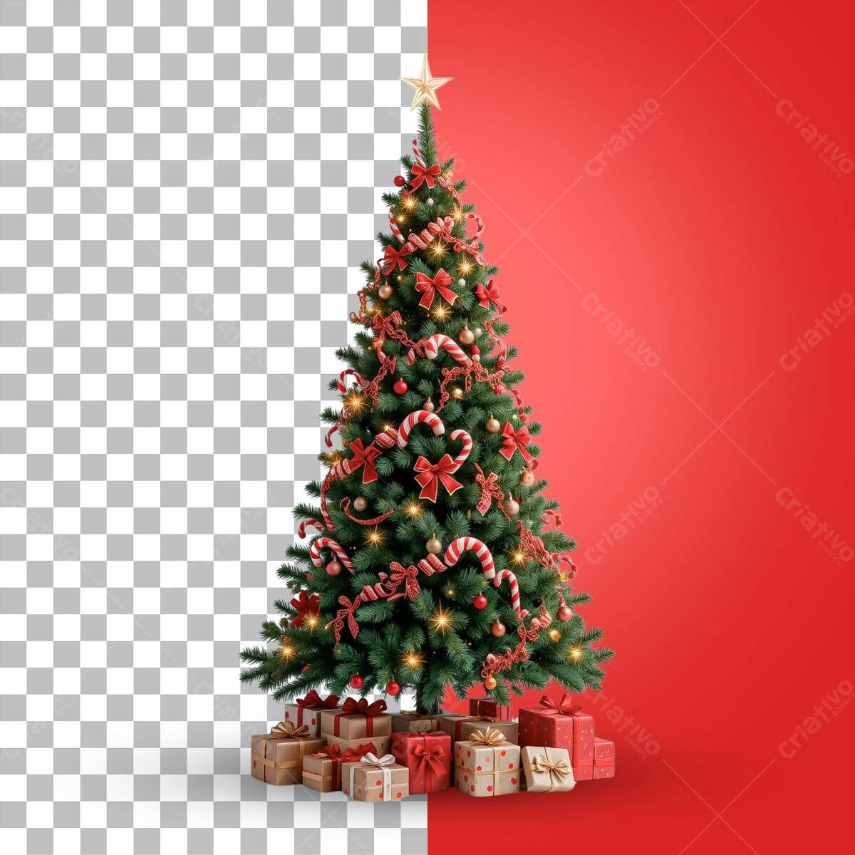 Árvore de Natal Vermelha e Dourada PSD Editável