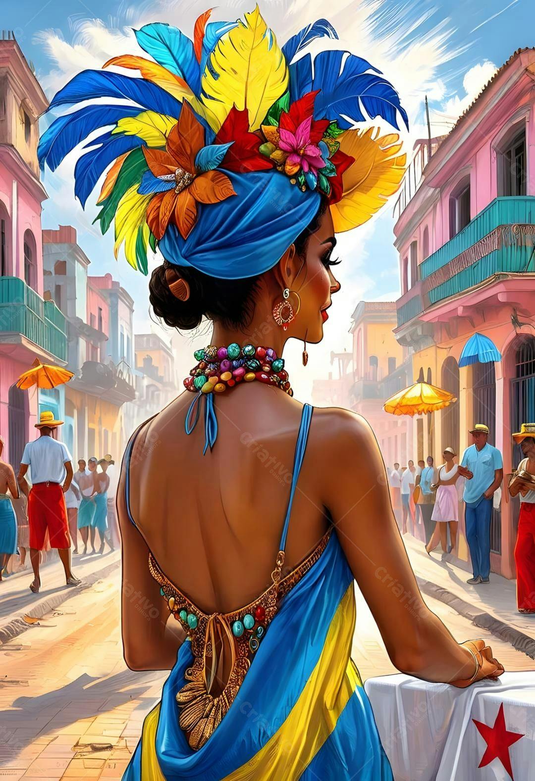 Mulher em traje vibrante em rua cubana