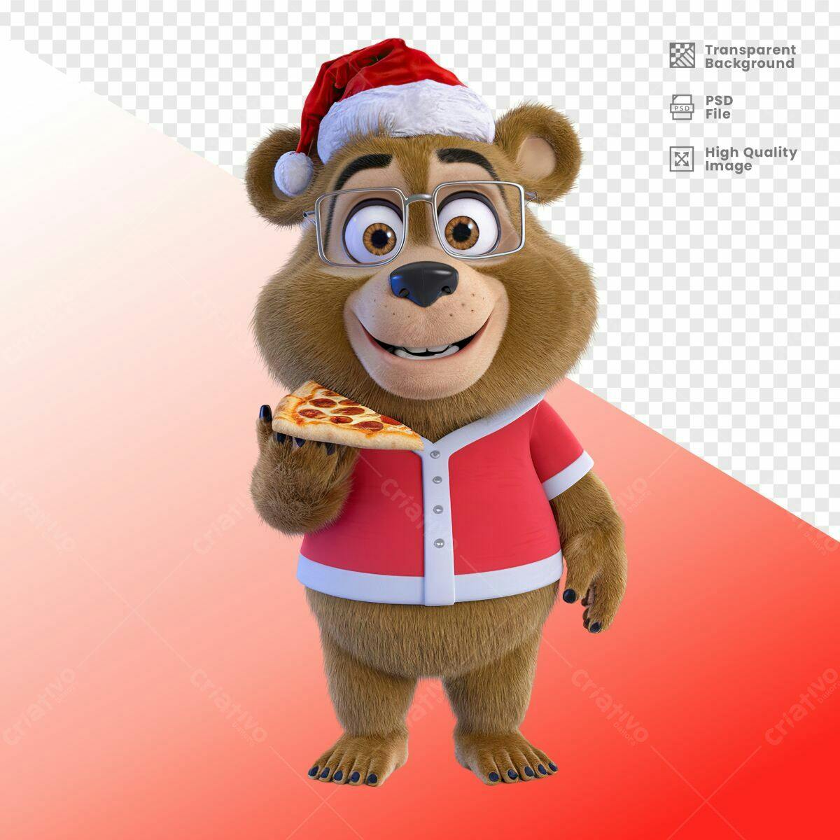 Mascote Urso Natalino com Pizza PSD Editável