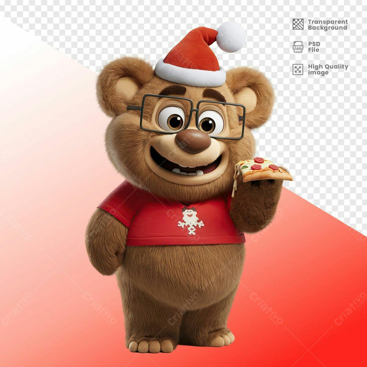 Mascote Urso Natalino com Pizza PSD Editável