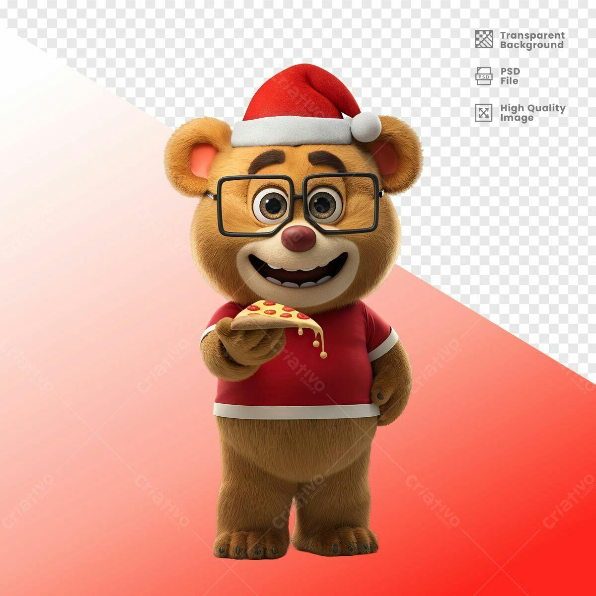 Mascote Urso Natalino com Pizza PSD Editável