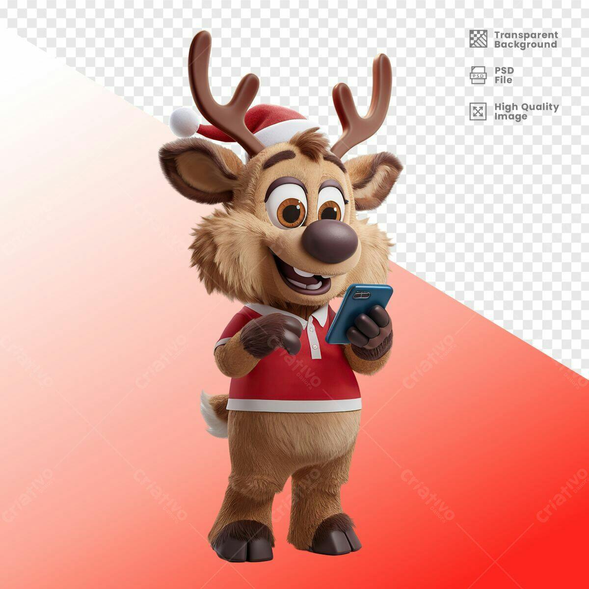 Mascote Rena Natalino usando Smartphone PSD Editável