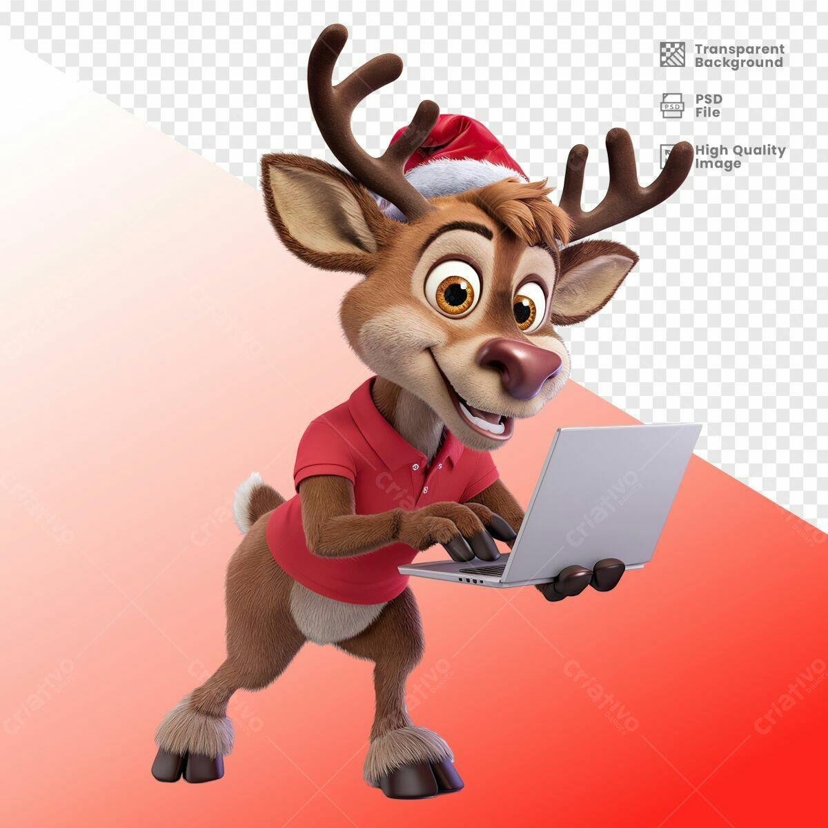 Personagem Rena Natalino com Notebook PSD Editável