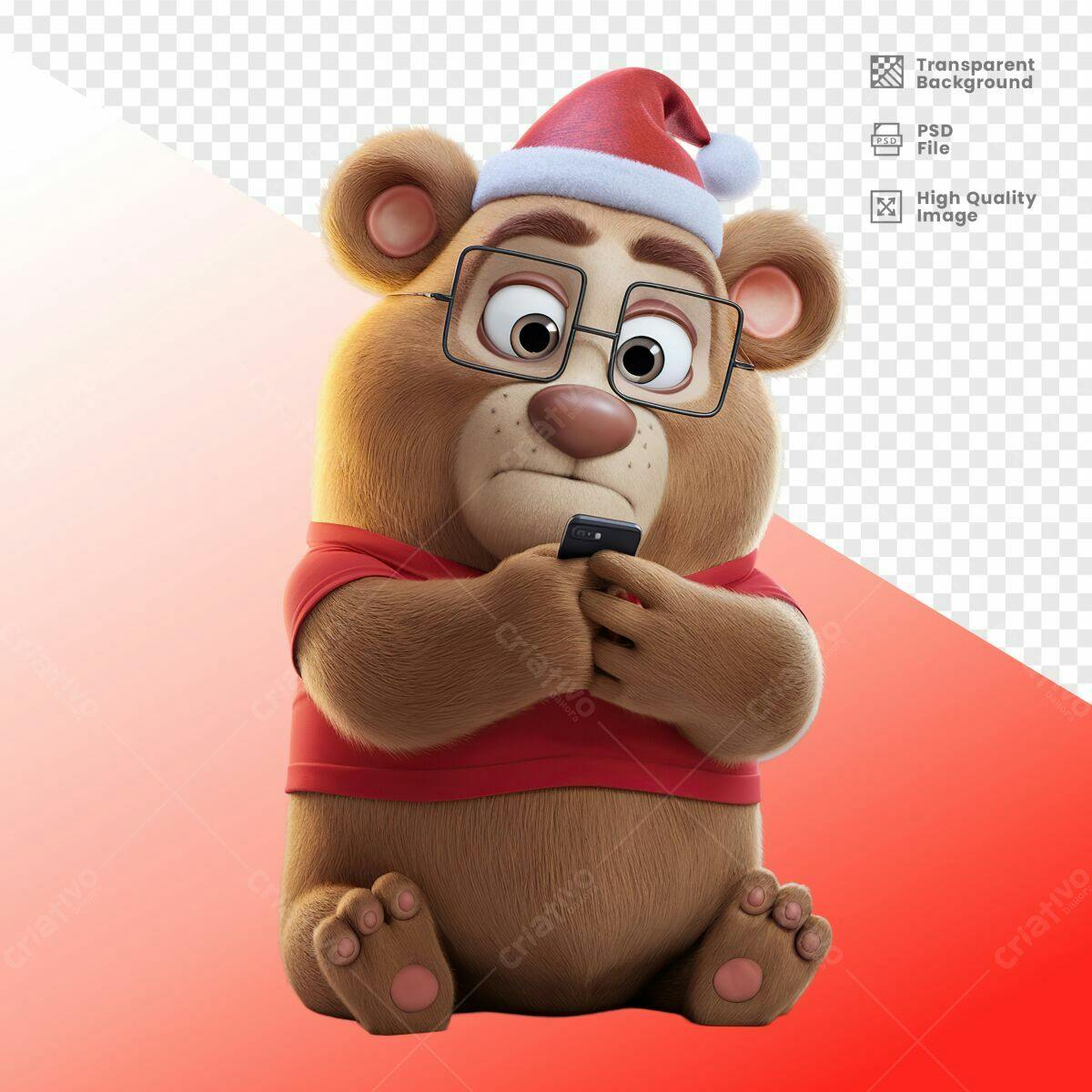 Mascote Urso Natalino com Celular PSD Editável