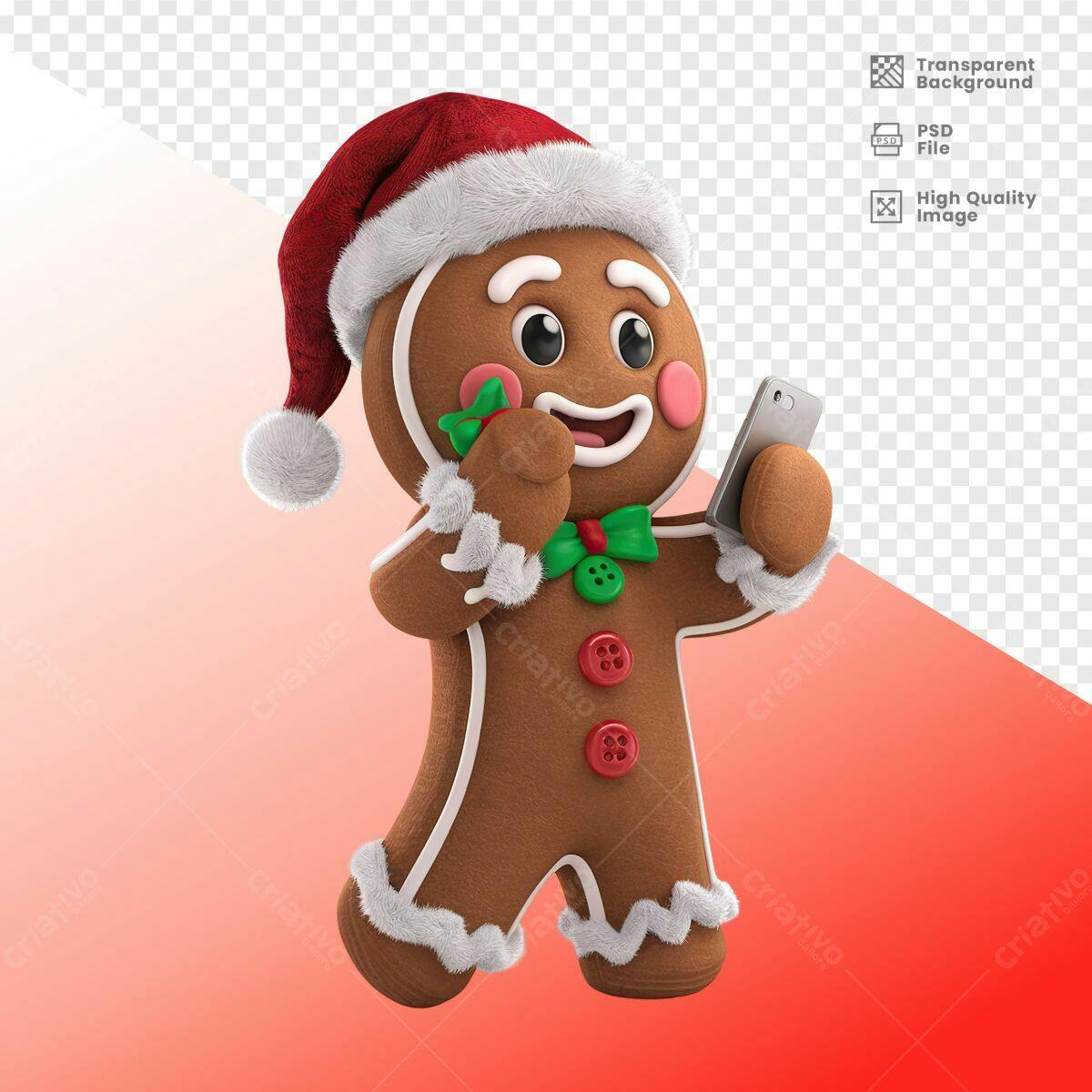 Boneco de Gingerbread Natalino com Celular PSD Editável