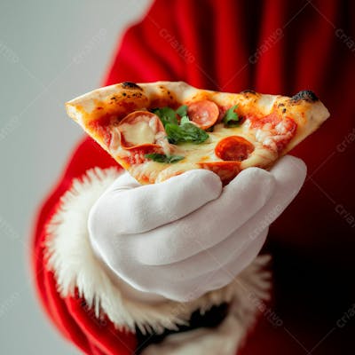 Close Up Fatia De Pizza Na Mão Do Papai Noel