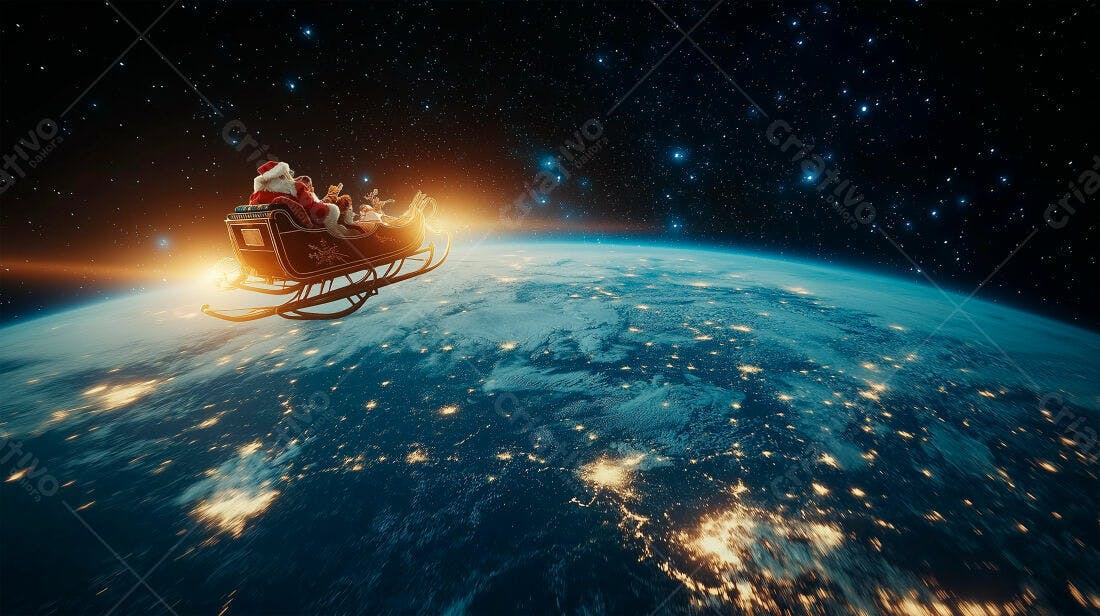 Papai Noel voando sobre a Terra no Natal