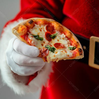 Fatia De Pizza Na Mão Do Papai Noel