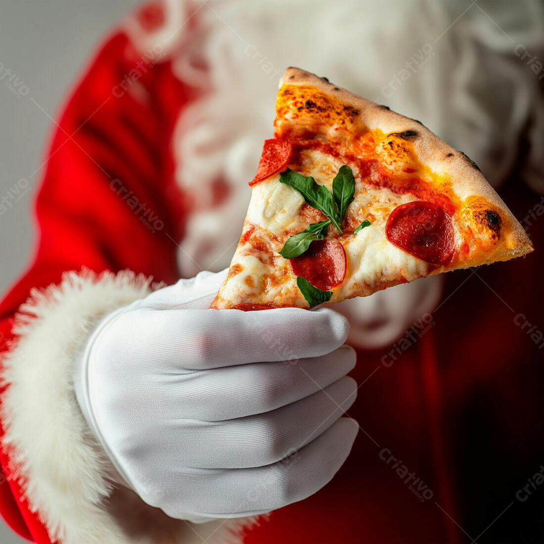 Papai Noel com fatia de pizza pepperoni
