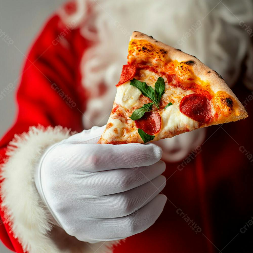 Papai Noel Com Uma Fatia De Pizza Na Mão