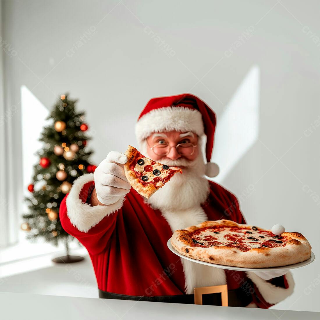Papai Noel oferecendo pizza de Natal