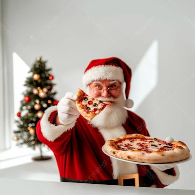 Papai Noel Segurando Uma Bandeja De Pizza
