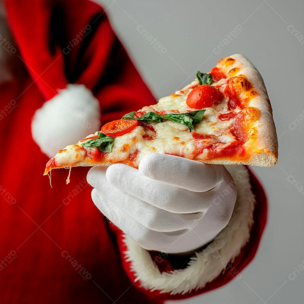 Papai Noel Segurando Uma Fatia De Pizza