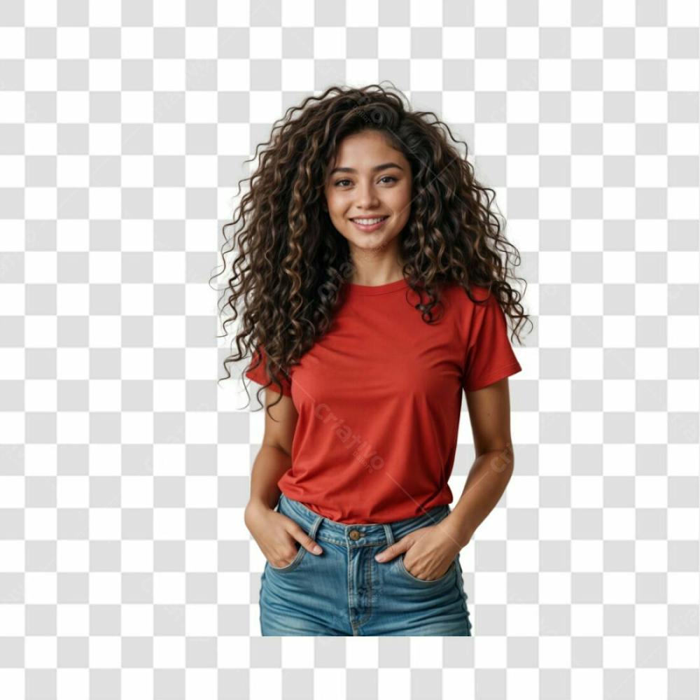 Mulher Sorridente Cabelo Cacheado, Camisa Vermelha E Calça Jeans Azul Png Transparente