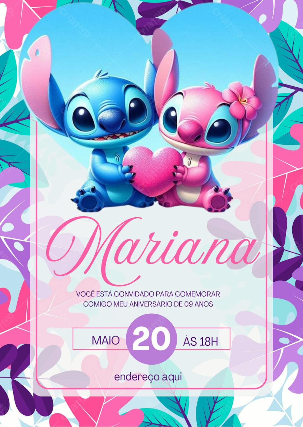 Convite Aniversário Stitch E Angel Coração