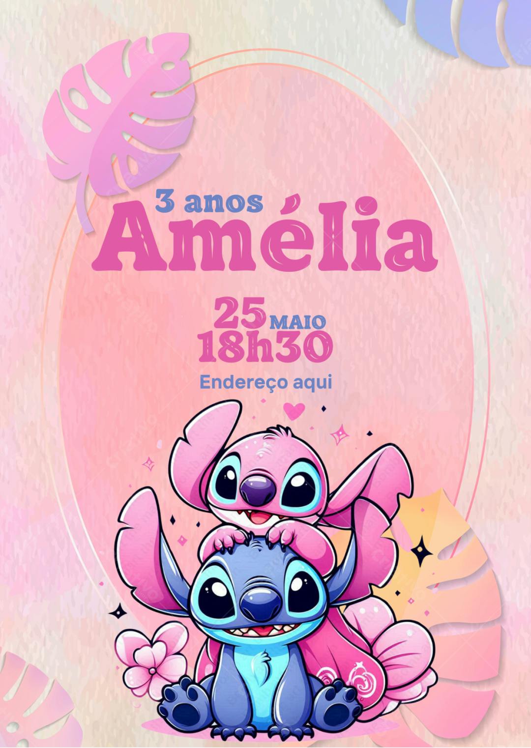 Convite de Aniversário Infantil Stitch Rosa e Azul Editável no Canva