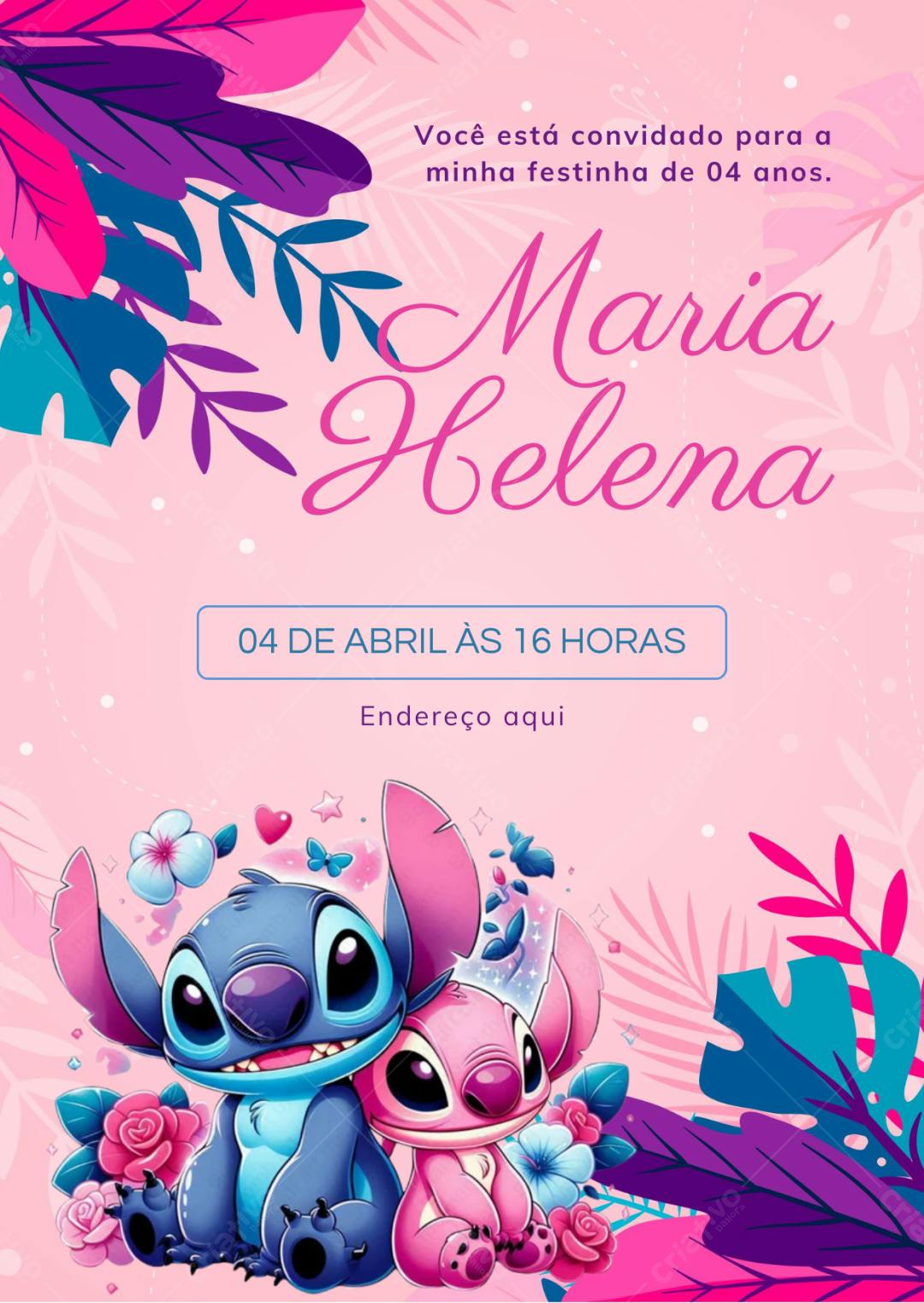 Convite Aniversário Infantil Stitch Rosa e Azul Editável no Canva