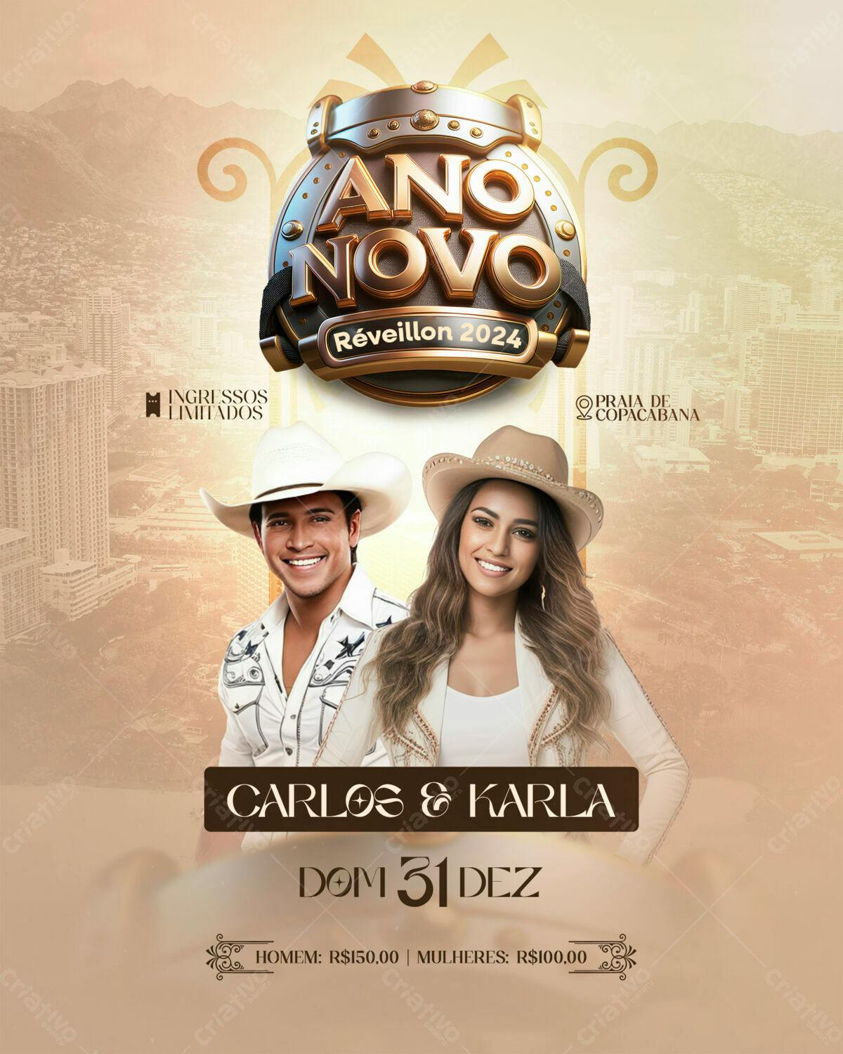 Flyer Réveillon 2024 com Carlos & Karla PSD Editável