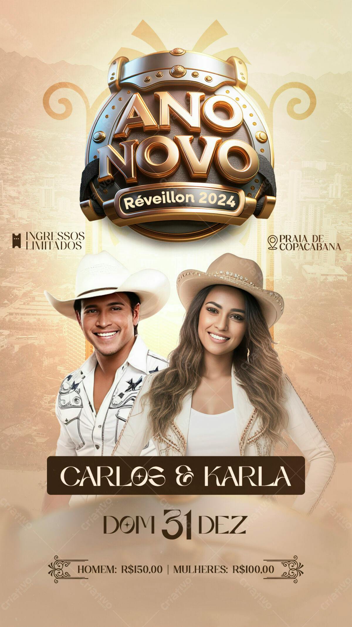 Flyer Réveillon 2024 com Carlos & Karla PSD Editável