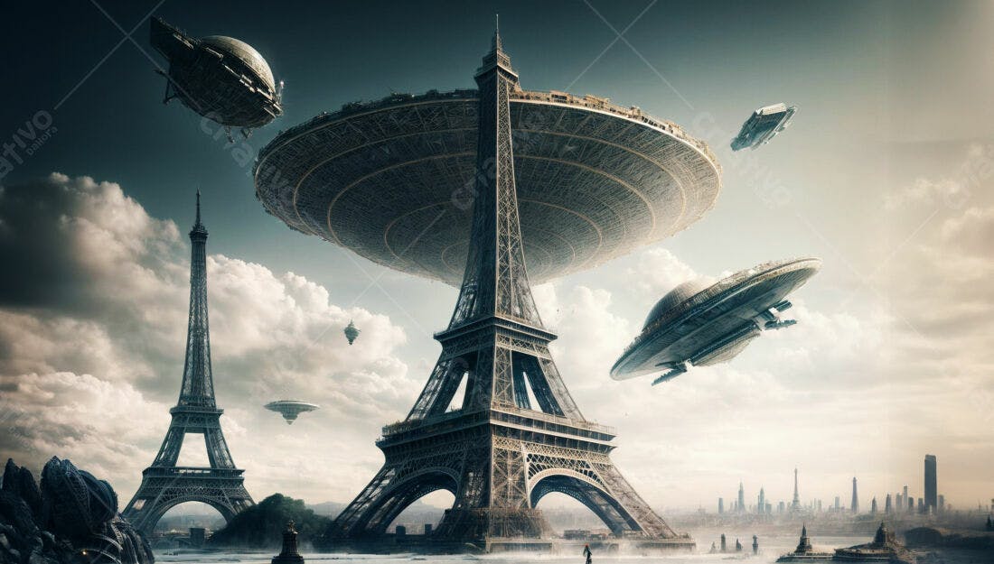 Torre Eiffel sob naves espaciais futuristas