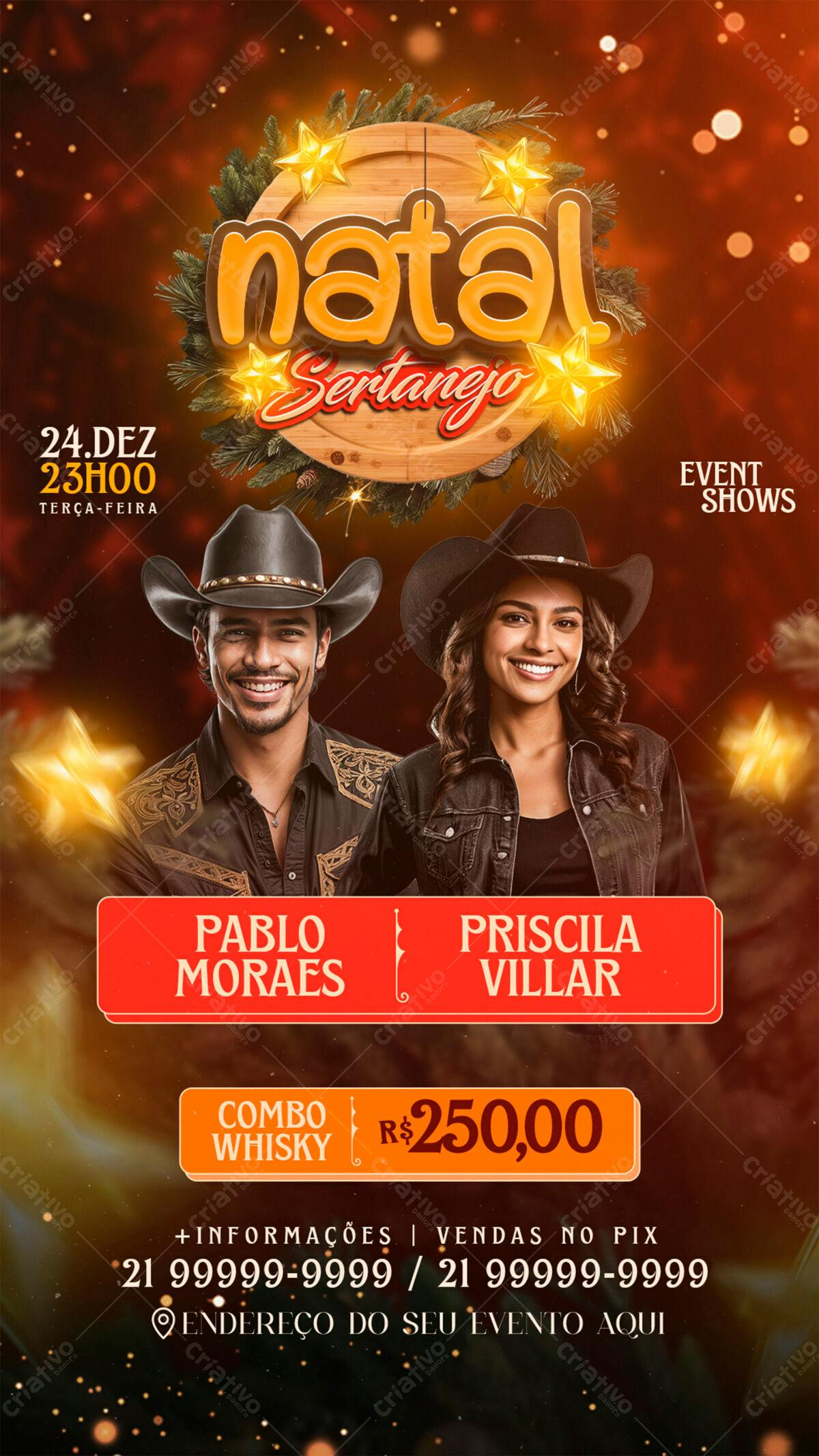 Flyer Natal Sertanejo com Pablo Moraes e Priscila Villar PSD Editável