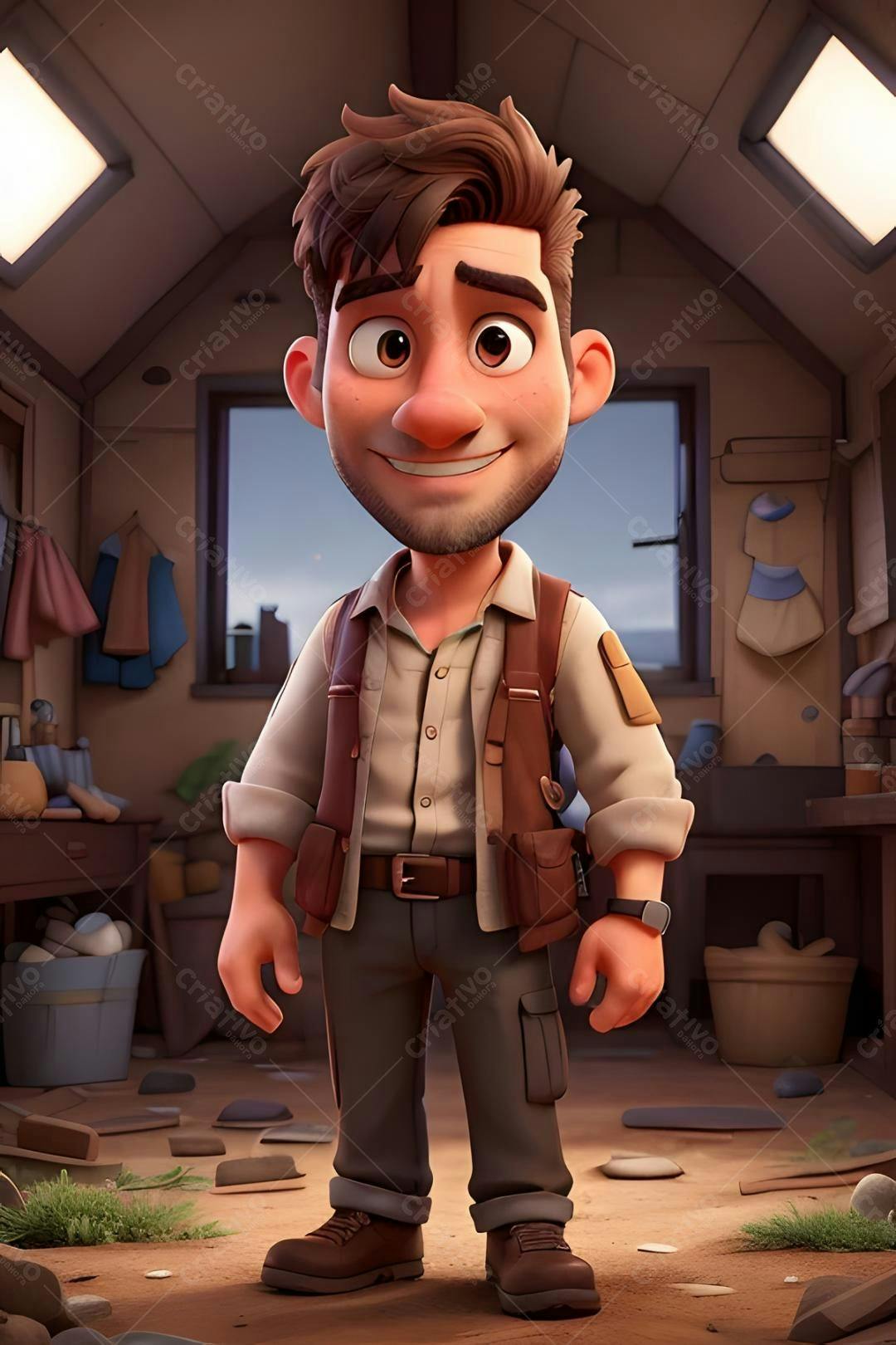 Explorador sorrindo em seu ateliê