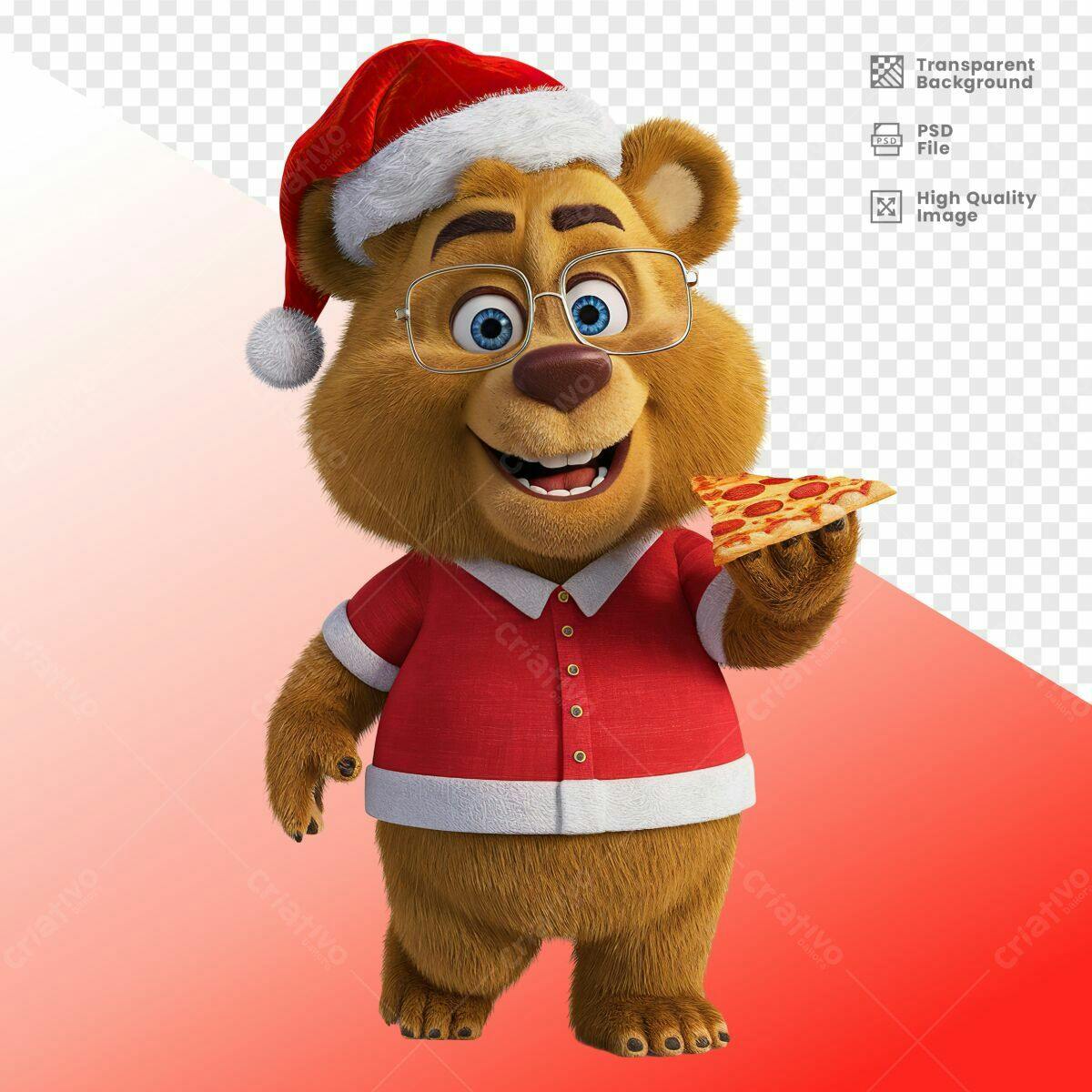 Mascote Urso Natalino com Pizza PSD Editável