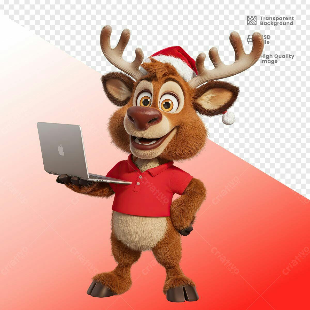 Mascote Rena Natalino com Notebook PSD Editável