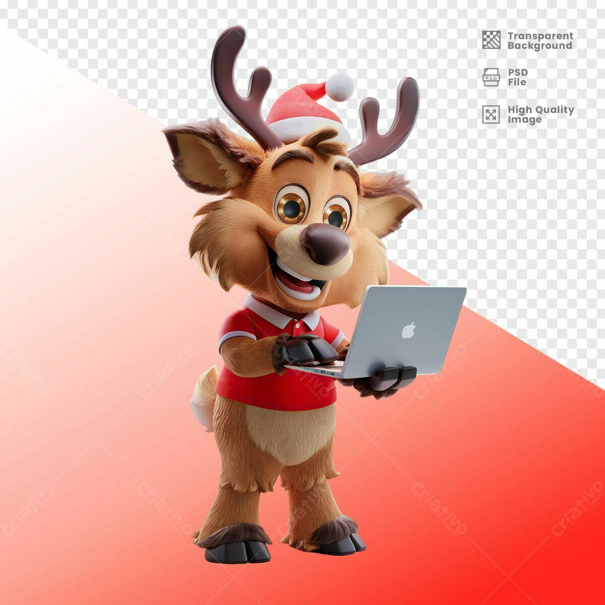 Mascote Rena Natalino com Notebook PSD Editável