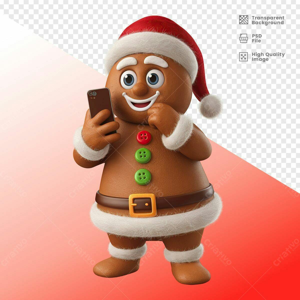 Boneco de Gingerbread Natalino com Celular PSD Editável