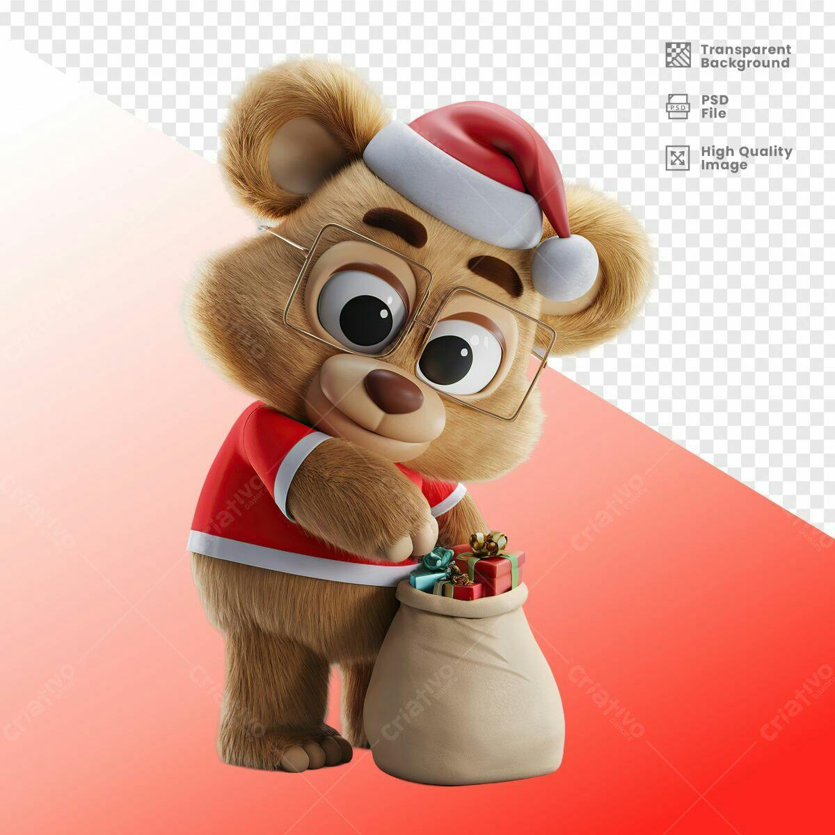 Ilustração Ursinho Natalino com Saco de Presentes PSD Editável