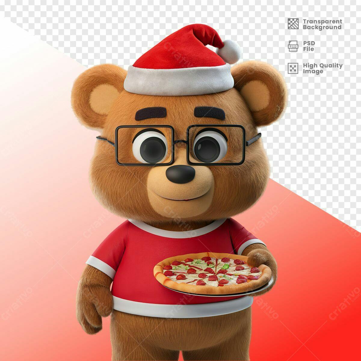 Mascote Urso Natalino com Pizza PSD Editável