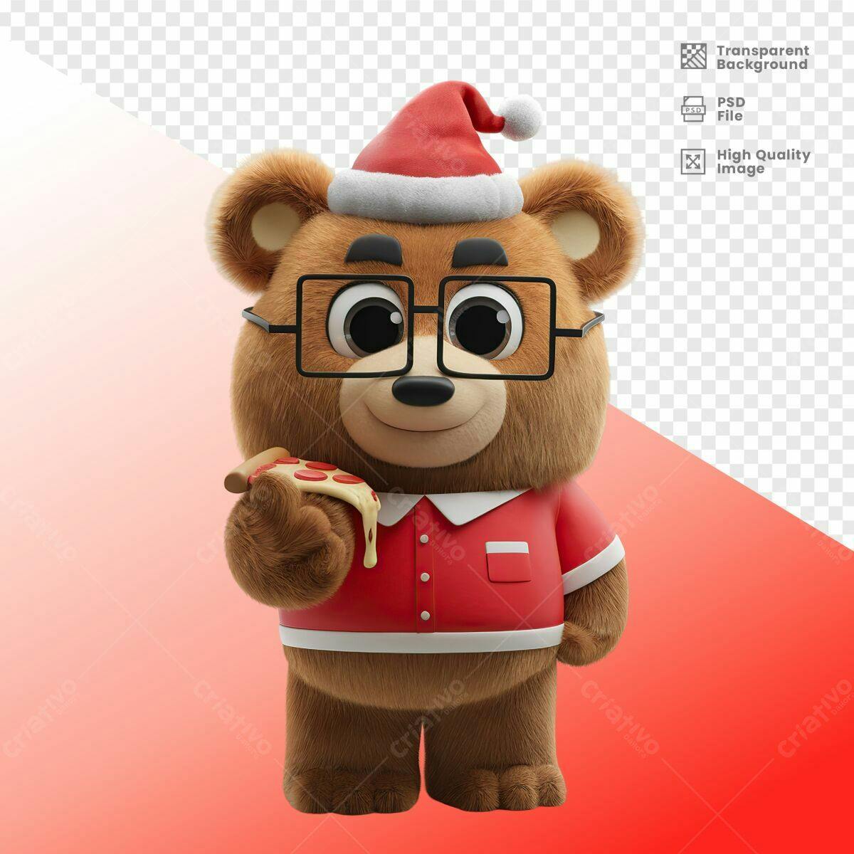 Mascote Urso Natalino com Pizza PSD Editável
