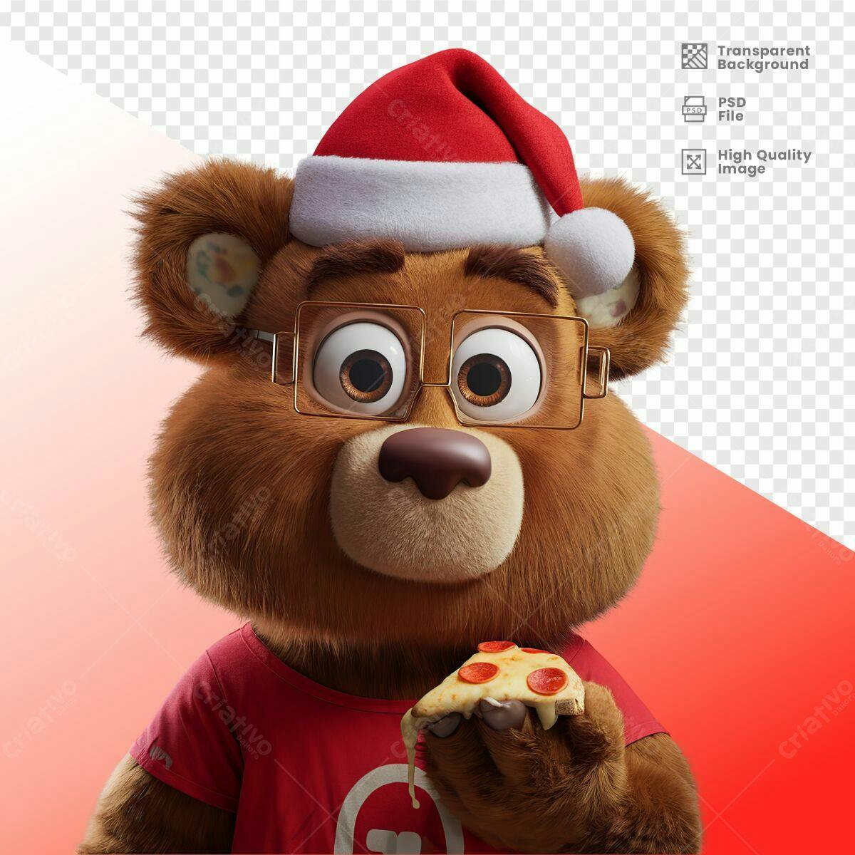 Personagem Urso Natalino com Pizza PSD Editável