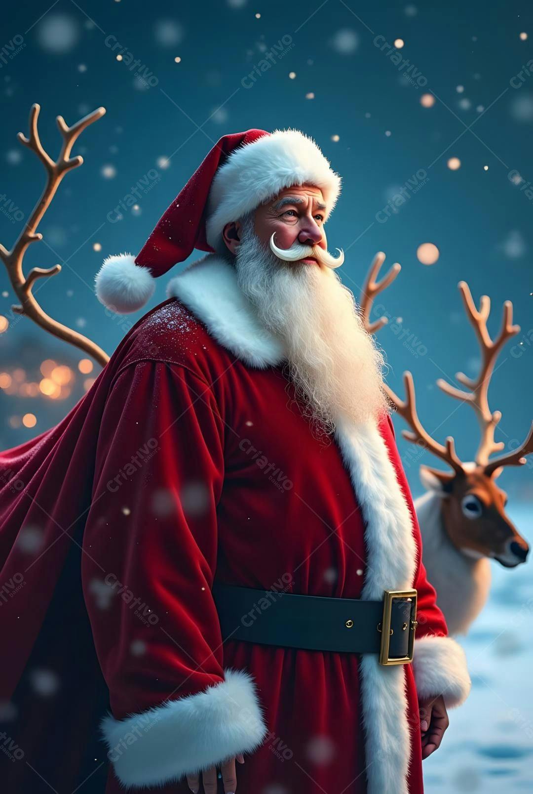 Papai Noel com rena na neve Natal