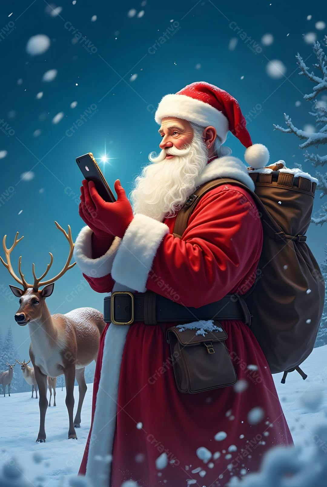 Papai Noel com celular em paisagem nevada