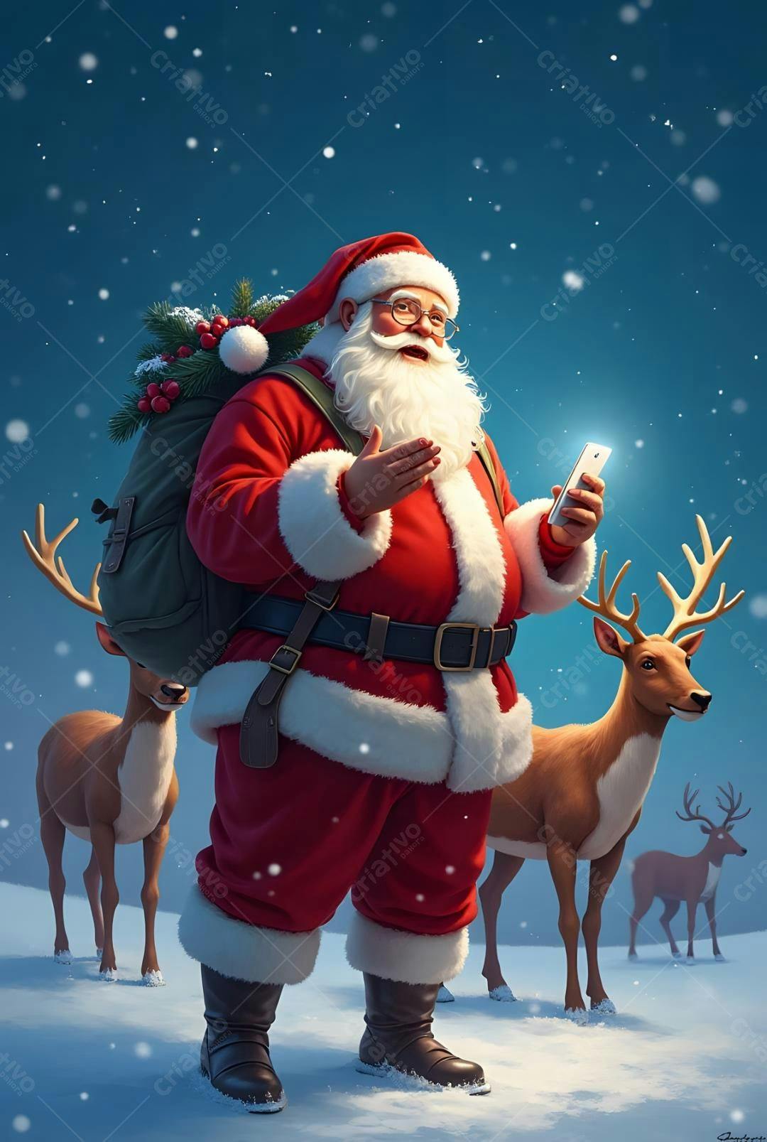Papai Noel com celular na neve