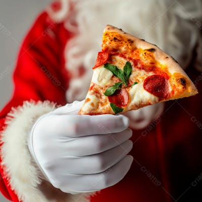 Papai Noel Com Uma Fatia De Pizza Na Mão