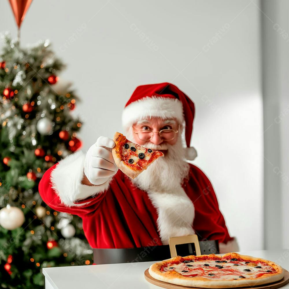 Papai Noel Comendo Pizza Na Frente Da Árvore De Natal