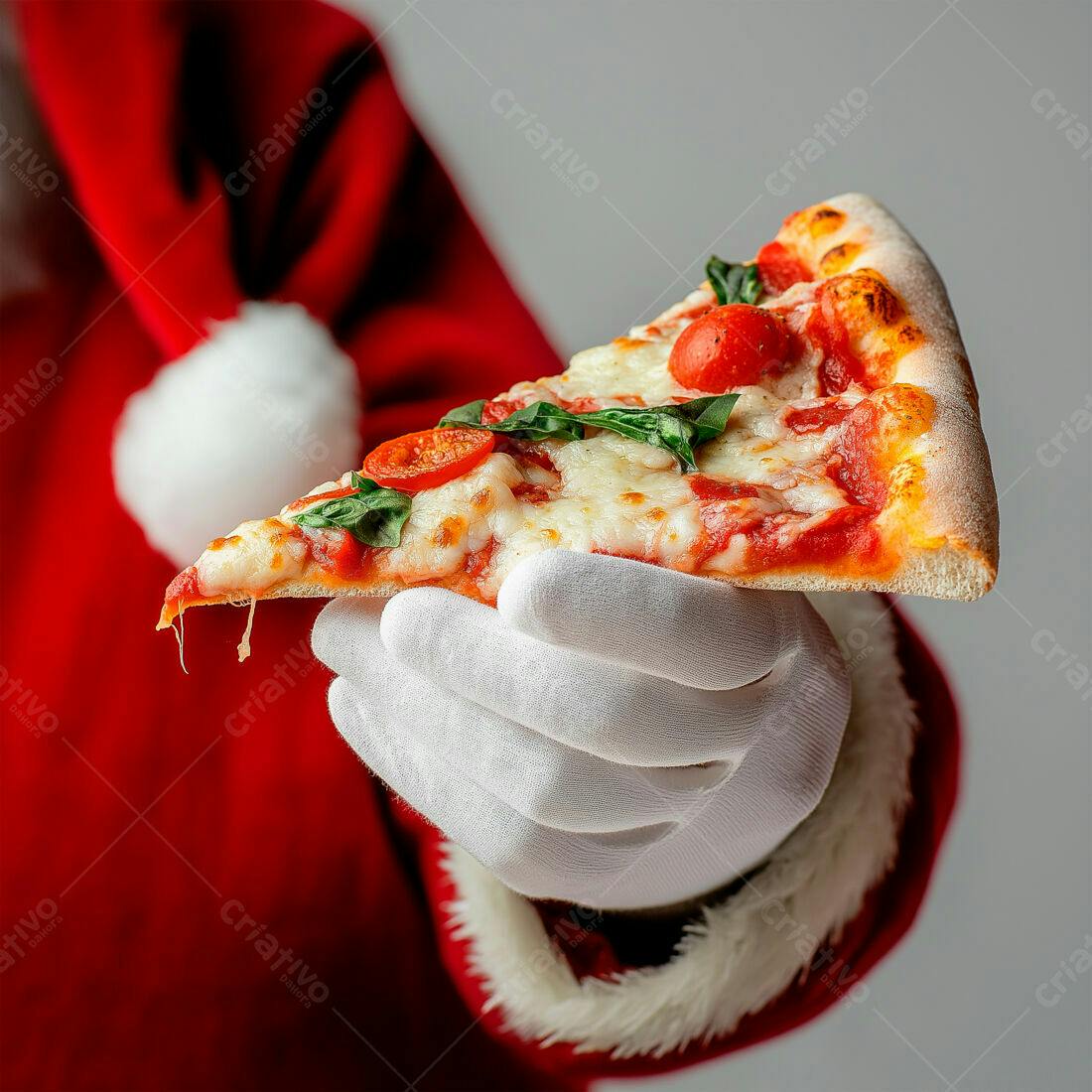 Papai Noel com fatia de pizza de tomate